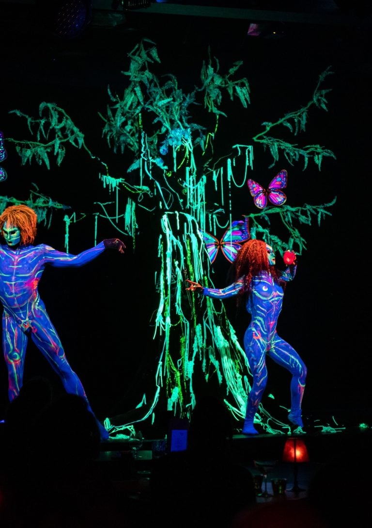 Figures in neon costumes with a blacklight shining on them, butterflies and a wispy tree