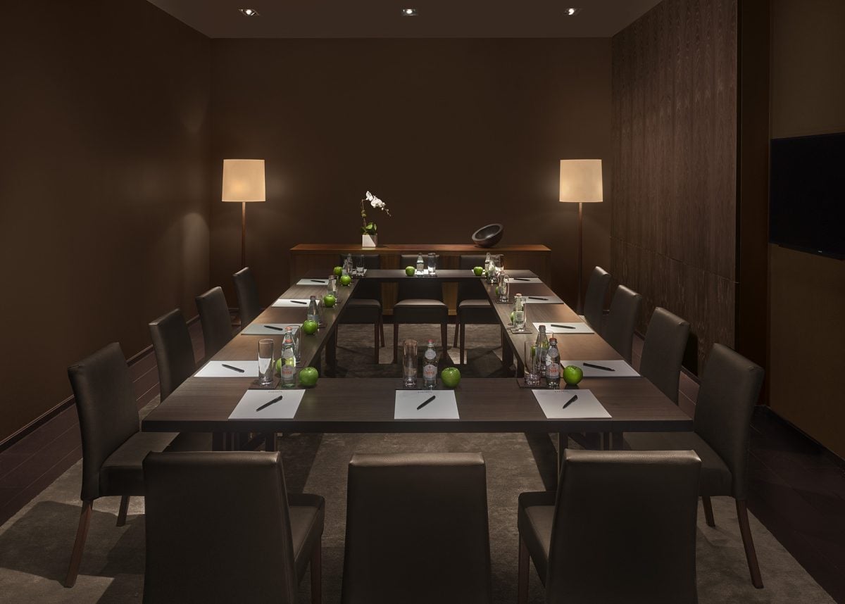 a meeting room with square table